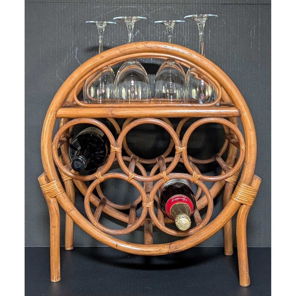 Vintage Bent-Rattan/Bamboo Six Bottle Tabletop Wine Rack With Shelf for Glasses